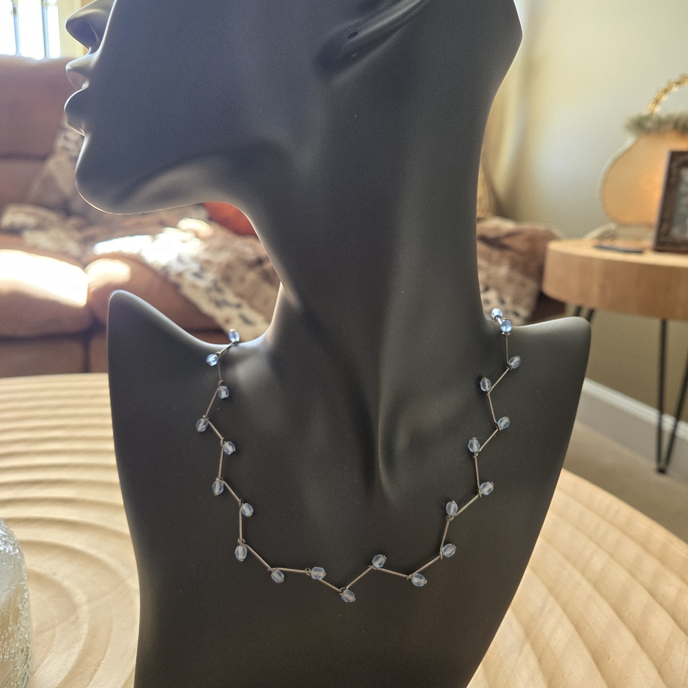 Vintage Floating Blue Crystal Wire Bar Illusion Necklace | Dainty Vine Style